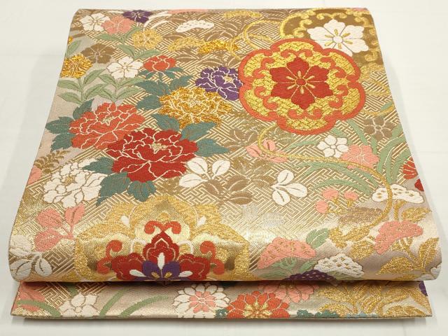平和屋着物▼佐賀錦　六通柄袋帯　唐織　草花文　金糸　正絹　逸品　AABA8491wj