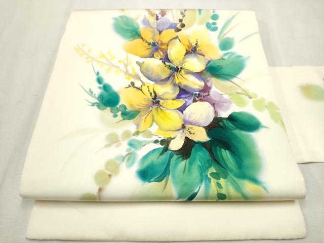 平和屋着物●塩瀬　九寸名古屋帯　作家物　手描き　草花文　正絹　逸品　CAAX1516hy