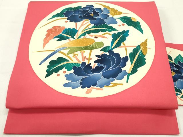 平和屋着物●本加賀友禅作家 木村雨山 九寸名古屋帯 花鳥丸文 赤紅色 正絹 逸品 DAAZ3400ob