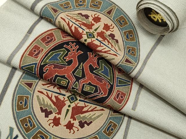 平和屋着物▼名古屋帯　帯反物　鳥獣丸文　鬼しぼ縮緬　逸品　未使用　DAAW6500we