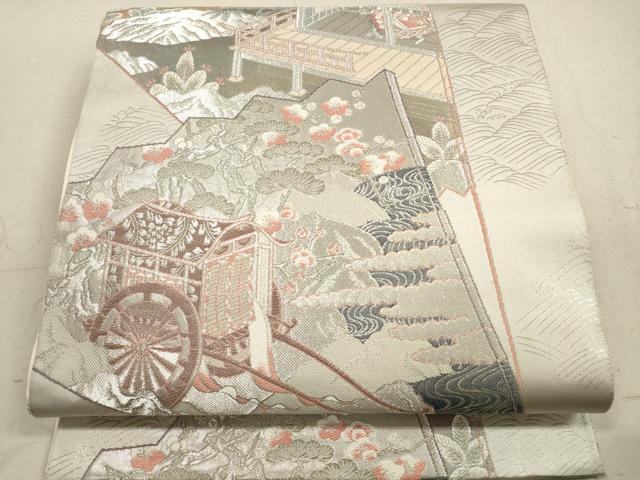 平和屋着物◎六通柄袋帯　唐織　風景文　銀糸　正絹　逸品　DAAZ1789xg