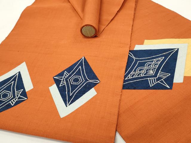 平和屋着物▼中国三大刺繍　相良刺繍　名古屋帯　帯反物　紬地　切嵌　菱重ね　金糸　逸品　未使用　DAAW6506we