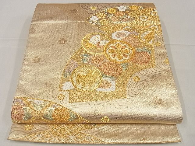 平和屋着物■六通柄袋帯 吉祥地紙花丸文 金糸 正絹 逸品 AAAF8534Bnp