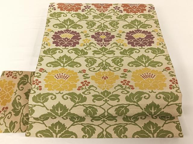 平和屋着物●俵屋　人間国宝　喜多川平朗 有職織物　九寸名古屋帯　花唐草文　正絹　逸品　AABA2601np