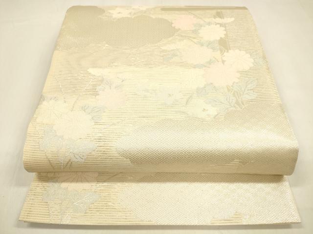 平和屋着物＊夏物　六通柄袋帯　草花文　銀糸　正絹　逸品　DABA0673cm