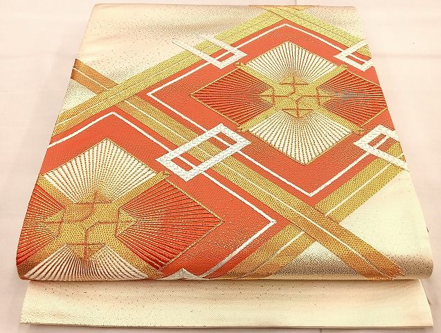 平和屋着物◎太鼓柄袋帯　駒刺繍　ひし形文様　金糸　逸品　BAAJ5946ea