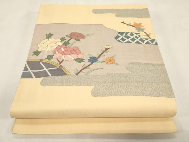 乐天商城 - 平和屋着物▼明綴れ　太鼓柄袋帯　籬草花文　金銀糸　正絹　逸品　CABE9397dy