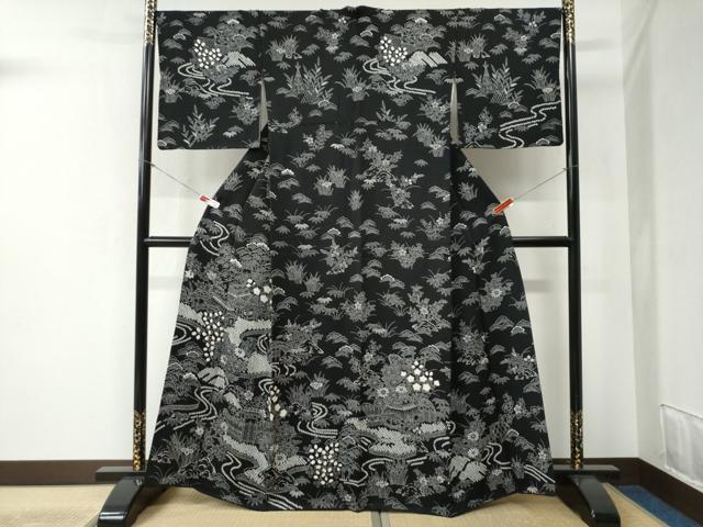 平和屋着物●訪問着　絞り　流水松竹梅風景花文　黒地　正絹　逸品　CABB4544yc