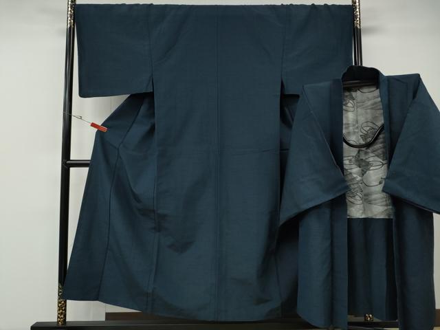 平和屋着物●男性　紬　アンサンブル　鉄御納戸色　正絹　逸品　CABE6860ut