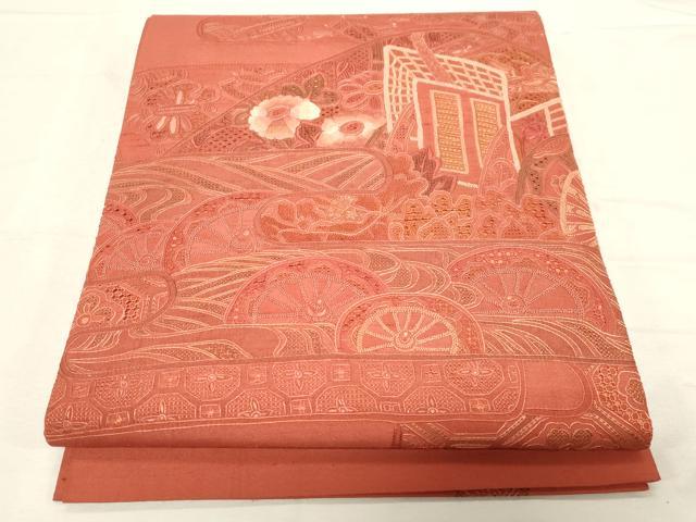 平和屋着物●中国三大刺繍　スワトウ刺繍　相良刺繍　総刺繍　太鼓柄袋帯　紬地　片輪車花文　正絹　逸品　CABD4147dy