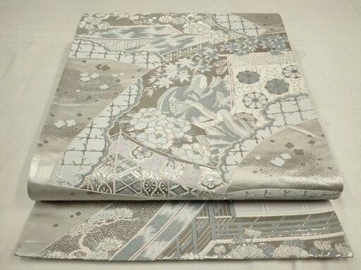 平和屋着物▼六通柄袋帯 プラチナ箔 地紙人物風景文 銀糸 正絹 逸品 AAAW0521wj 平和屋着物▼六通柄袋帯 プラチナ箔 地紙人物風景文 銀糸 正絹 逸品 AAAW0521wj
