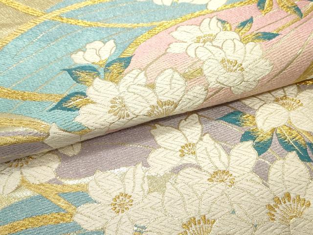 平和屋着物●両面　六通柄袋帯　草花文　金糸　正絹　逸品　DAAV9441ob