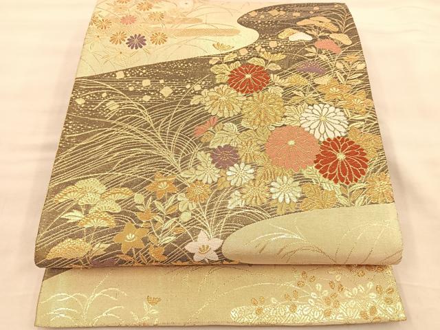 平和屋着物◎六通柄袋帯 唐織 秋草文 金糸 正絹 逸品 BAAT1548gt