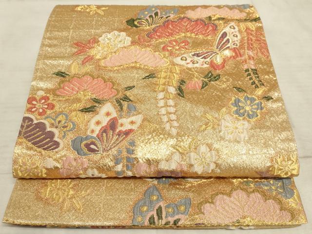 平和屋着物◎六通柄袋帯 ふくれ織り 花蝶文 金糸 正絹 逸品 AAAO5099sx