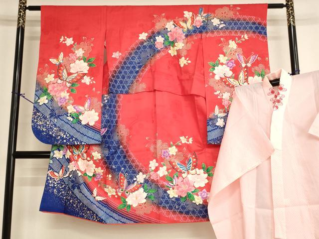 平和屋着物[]七五三　女の子　7歳　祝着　四つ身　長襦袢（単衣・半衿刺繍）セット　花蝶文　暈し染め　金彩　逸品　AABI2829ja