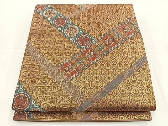 平和屋着物◎六通柄袋帯　彩華宝聚蜀江文　金糸　正絹　逸品　BAAT5338jr