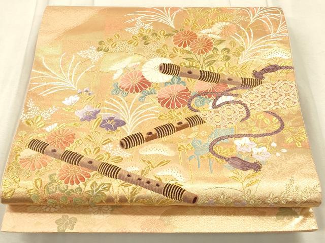 平和屋着物◎六通柄袋帯　真六通優都里　横笛草花文　金糸　正絹　逸品　CAAT5083ft