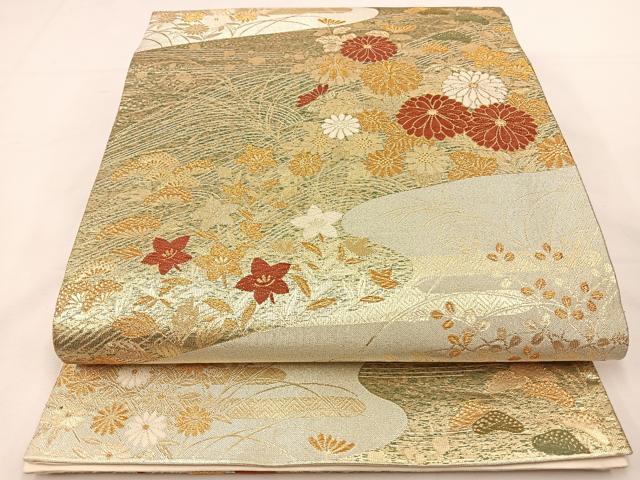 平和屋着物◎九百佐賀錦　唐織　六通柄袋帯　蒔絵　流水草花文　金銀糸　正絹　逸品　BAAT7788ow