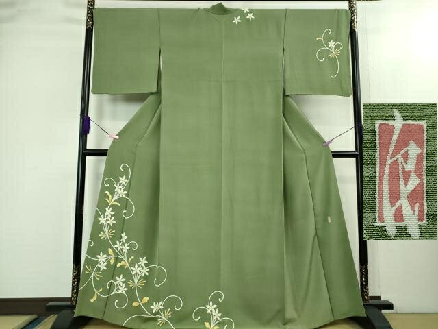 Kimono - 平和屋本店●極上　本加賀友禅作家　鬼島武司　訪問着　花唐草文　柳染色地　逸品　DZAB2136kh6