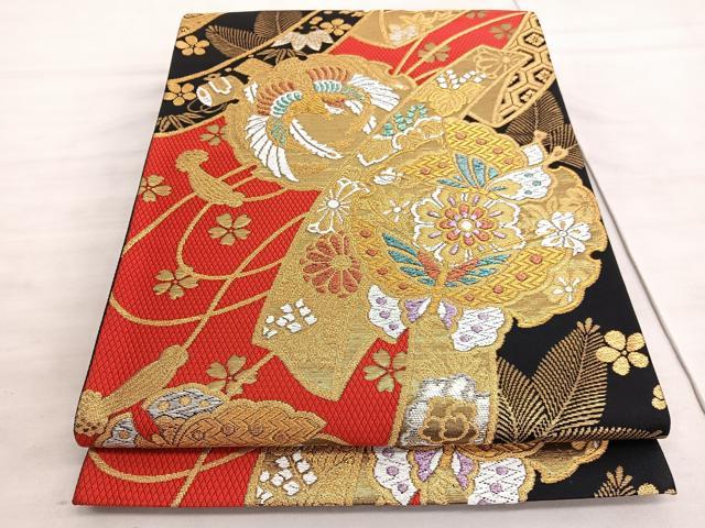 平和屋着物◎六通柄袋帯　鳳凰鬘帯花蝶文　黒地　金銀糸　正絹　逸品　BAAV8858hv