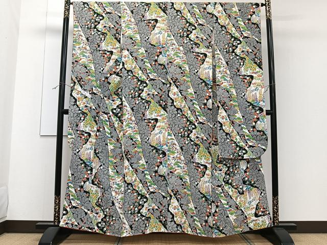 Kimono - 平和屋着物■豪華振袖　花鳥文　松竹梅　黒地　正絹　逸品　CABF8102xi