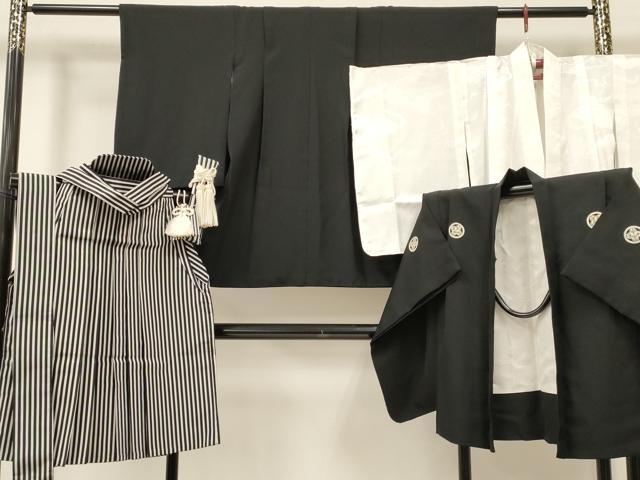 平和屋着物[]七五三　男の子　着物・黒紋付羽織・長襦袢(単衣)・行灯袴・小物セット　箱付き　DABA3553ma