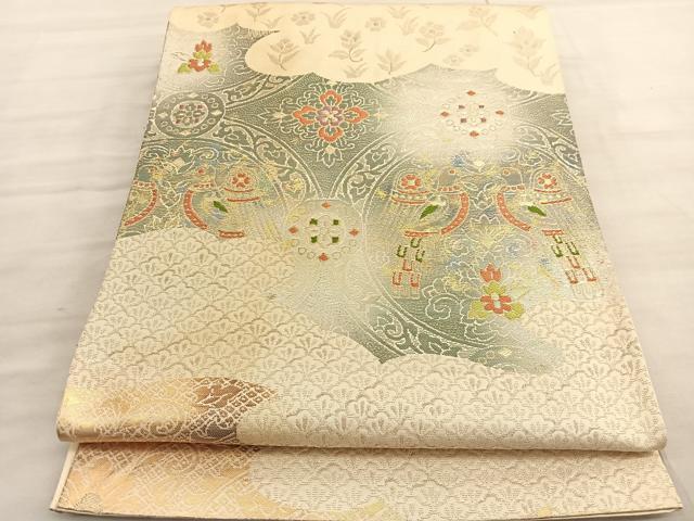 平和屋着物◎六通柄袋帯　唐織　向かい鳥雲取り花文　金糸　正絹　逸品　BAAV5043hv