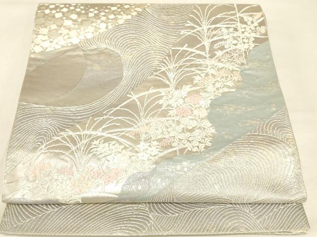 平和屋着物◎六通柄袋帯　流水花文　銀糸　正絹　逸品　AAAZ8044cs