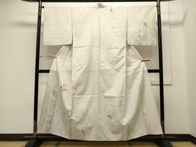 平和屋着物▽訪問着　単衣　紬地　刺繍　草花文　金銀彩　正絹　逸品　CAAV3792dy