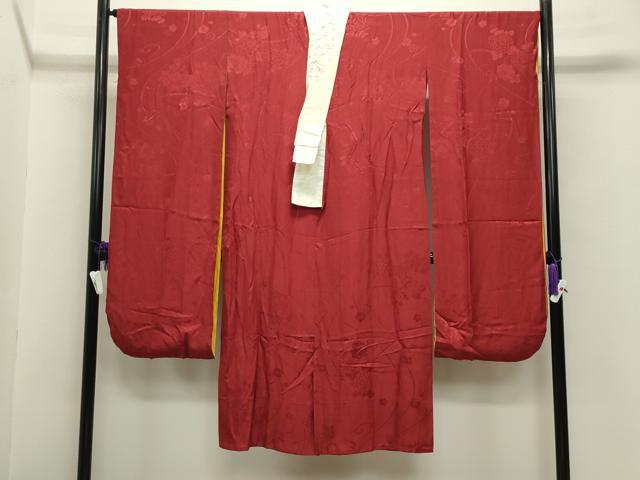 平和屋着物●振袖用長襦袢 無双仕立て 流水舞花地紋 紅海老茶色 半衿刺繍 正絹 逸品 CABB0265gh