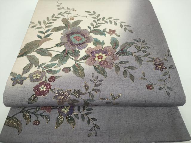 平和屋着物●太鼓柄袋帯　作家物　紬地　手描き　更紗花文　金彩　正絹　逸品　DABB4279ps
