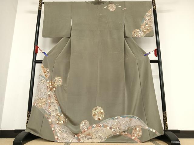 平和屋着物●訪問着　友禅　草花文　金彩　鬼しぼ縮緬　正絹　逸品　AABB0289zg