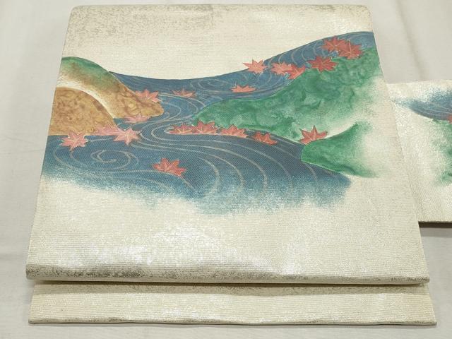 平和屋着物◎九寸名古屋帯 手描き 流水風景文 銀糸 正絹 逸品 CABF2273qe