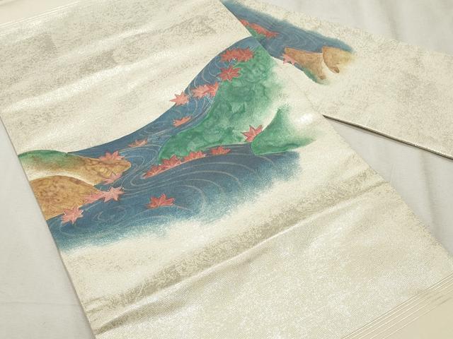 平和屋の平和屋着物◎九寸名古屋帯 手描き 流水風景文 銀糸 正絹 逸品 CABF2273qe｜アングル2