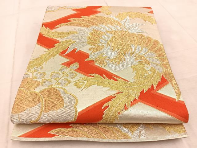 平和屋着物◎六通柄袋帯　唐織　鳳凰松皮菱文　金銀糸　正絹　逸品　BAAV6636yc