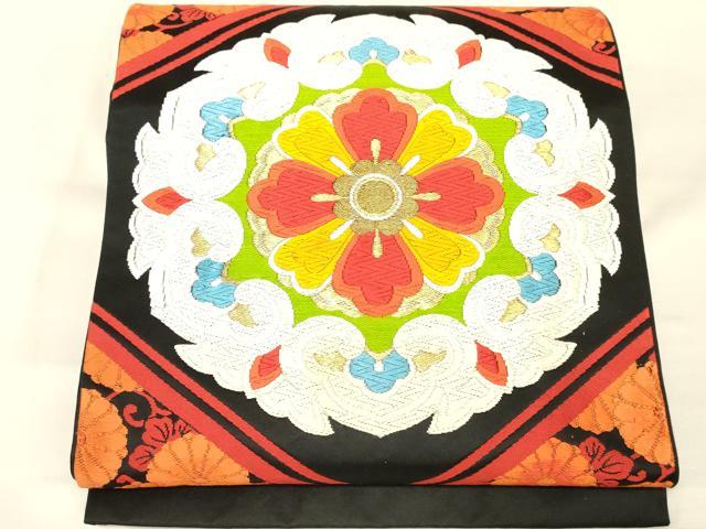 平和屋着物◎六通柄袋帯　唐織　正倉院花文　黒地　金糸　正絹　逸品　AAAZ8050cs