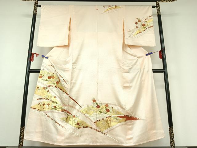 平和屋着物▽銀座きしや　訪問着　単衣　駒刺繍　草花文　金彩　正絹　逸品　AABE6891jh