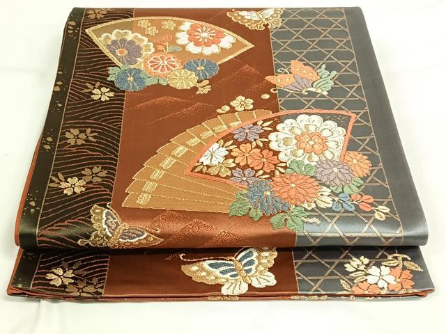 平和屋着物◎六通柄袋帯 唐織 扇面花蝶文 金糸 正絹 逸品 AAAN6340jh