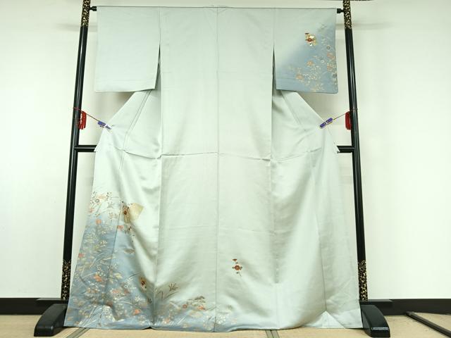 平和屋着物▽訪問着　単衣　刺繍　草花文　暈し染め　金銀彩　金糸　ロング丈　正絹　逸品　AABE6892jh