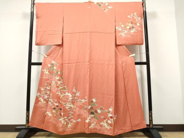 平和屋着物●訪問着　駒刺繍　絞り　流水草花文　金彩　正絹　逸品　CABJ5108hy