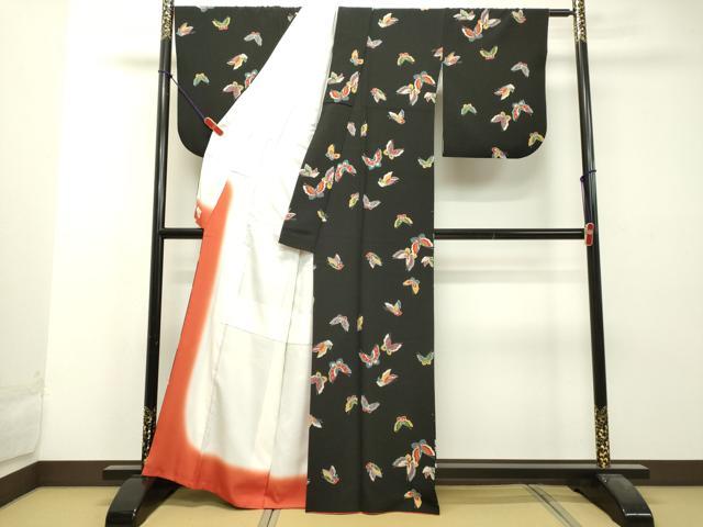 平和屋着物●洗える最高級着物　＜英＞はなぶさ謹製　小紋　舞蝶文　黒地　洗える着物　DAAU0582tw