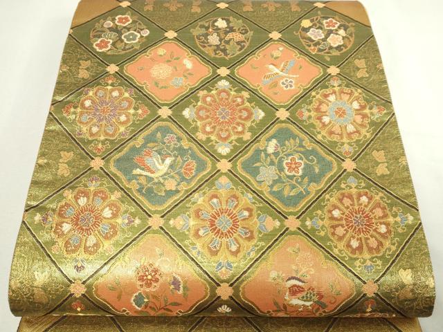 平和屋着物▼両面　六通柄袋帯　正倉院菱花鳥文　耀金　正絹　逸品　DABD3032sf