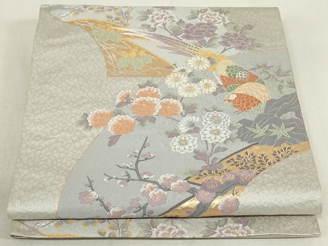 平和屋着物◎六通柄袋帯　扇面絵巻花鳥　金糸　正絹　逸品　AAAM0942Atn
