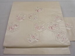 平和屋川間店■九寸名古屋帯　総刺繍　亀甲草花文　銀糸　逸品　ut4400