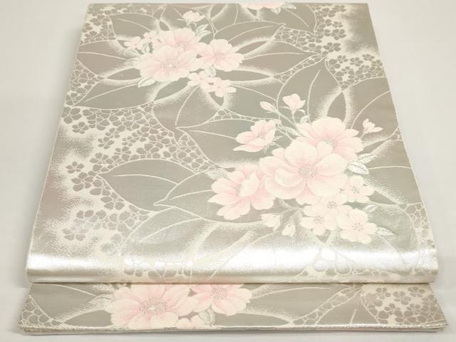 平和屋着物◎六通柄袋帯　草花文　銀糸　正絹　逸品　AAAL2403Bey