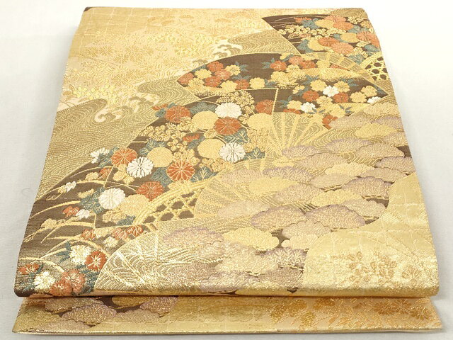 Rakuten - 平和屋着物◎六通柄袋帯　扇面草花文　金糸　正絹　逸品　AAAM1832Aaz