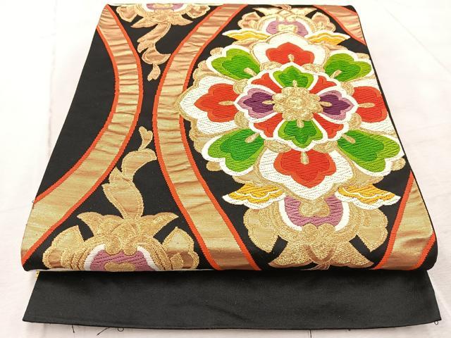 平和屋着物◎六通柄袋帯　唐織　立涌花文　黒地　金糸　正絹　逸品　BAAV6697yc