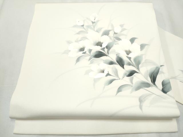 名古屋帯 塩瀬 作家物 手描き 鮮やかな花模様 乳白色 O-5669 半期決算セール】 【染色作家 森健持】 特選工芸手絞り染九寸名古屋帯