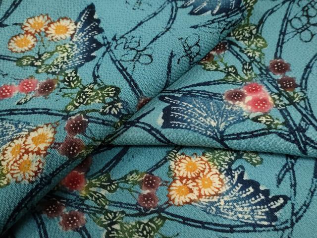 平和屋着物●上質な小紋 紅型 花蝶文 鬼しぼ縮緬 正絹 逸品 CABB4619yc