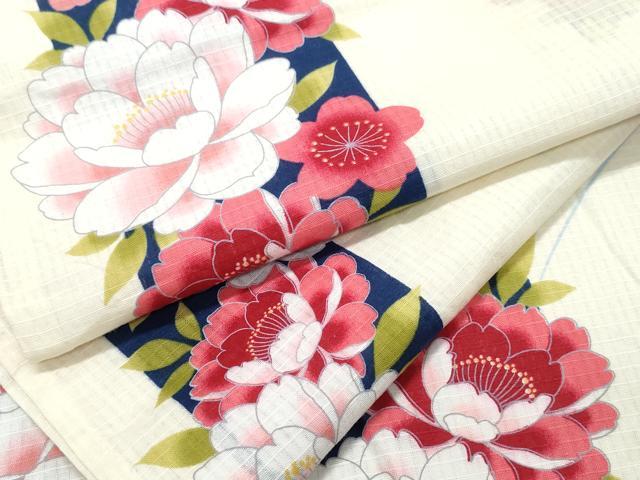 平和屋着物∴夏物 浴衣 綿紅梅 牡丹花文 綿 逸品 CABB6569ng